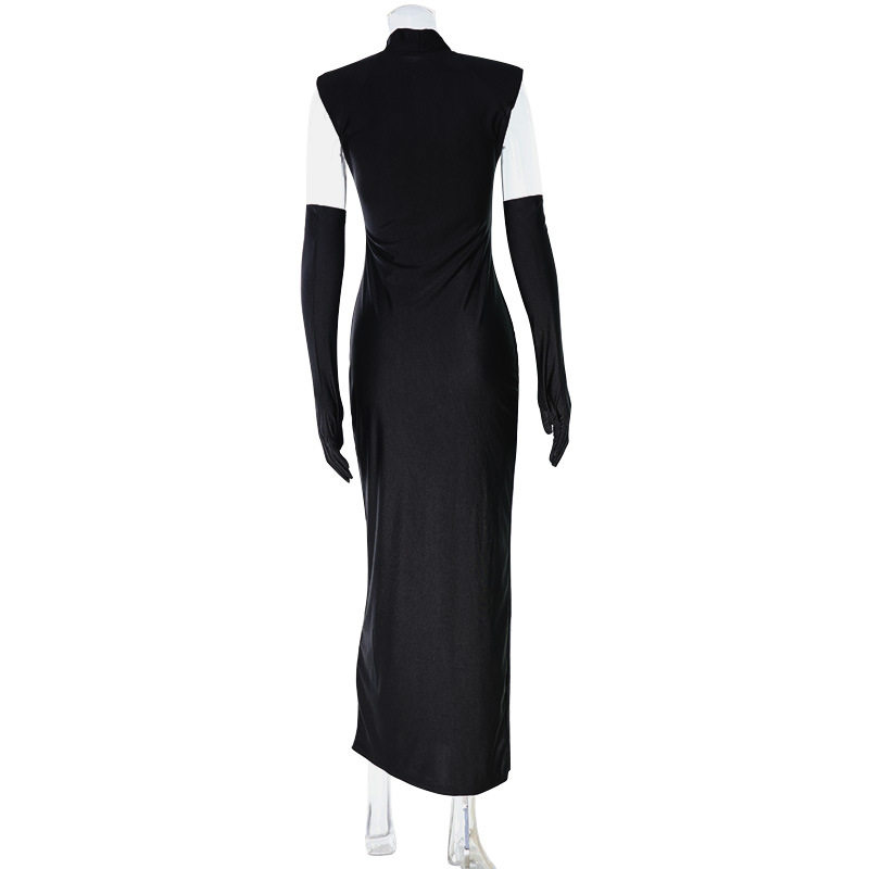 Elegant Sleeveless Evening Gown Solid Color High Slit Slim Fit Includes Gloves Perfect for Red Carpet Events