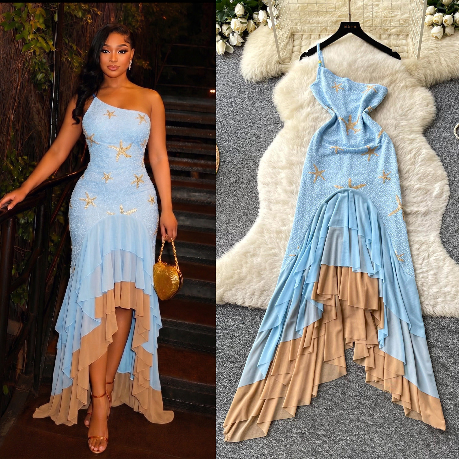 Summer Vacation Asymmetrical One Shoulder Dress Blue Gradient Mermaid Hem Lightweight Fabric Elegant Evening Wear
