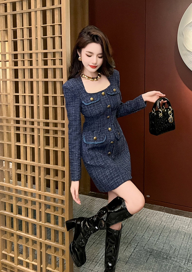 Đầm nữ dáng chữ A cổ vuông thắt eo vải tuýt dài tay — Màu tím xanh lam