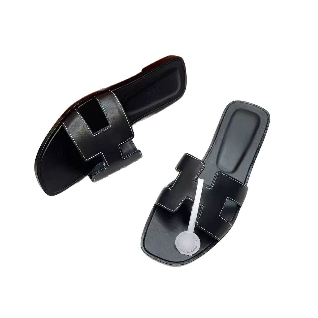 2025 New Top Ceiling Flash Sale Everything H Brand Girls' Palm Print Leather Square-Toe H-Shaped Beach Slippers Flat