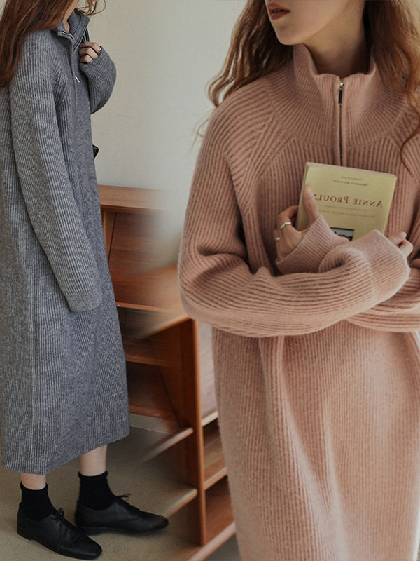 Maternity Dress Autumn and Winter Thick Knitted Sweatshirt Dress Mid-Length Sweater Dress Lapel Zipper High-End Wear