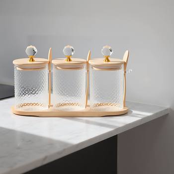 High Borosilicate Glass Storage Three-Piece Set Bamboo Lid Storage Jar Sealed Jar Food Storage Kitchen Storage with Tray