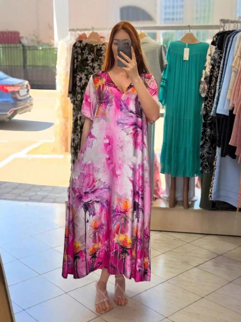 Summer Floral V Neck Maxi Dress for Women Casual Style Short Sleeves Lightweight Fabric Perfect for Vacations