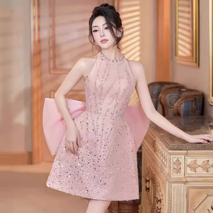 Váy chữ A midi nữ tay không cổ tròn, eo cao, phong cách thanh lịch — Hồng