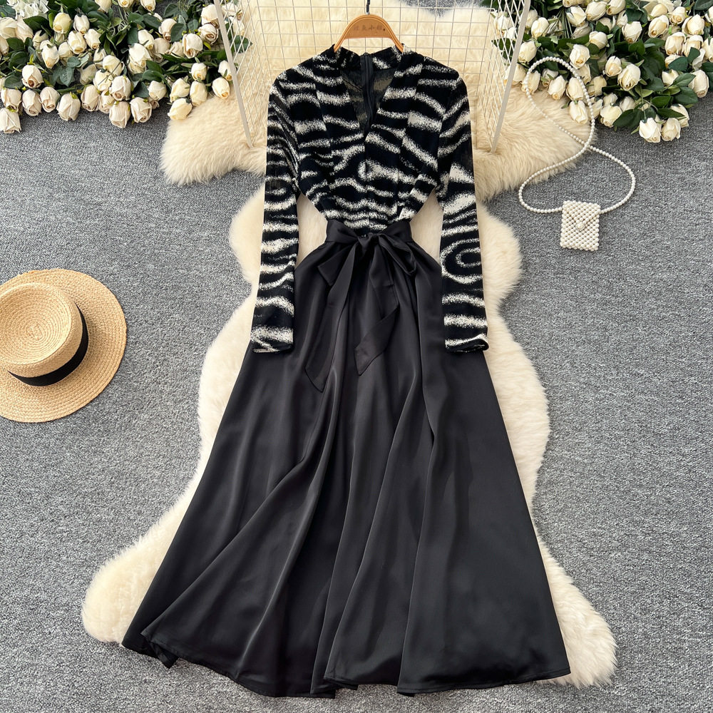 Elegant Womens Long Sleeve Dress High End French Style Floral Mesh Waist Tie A Line Silhouette Autumn Collection