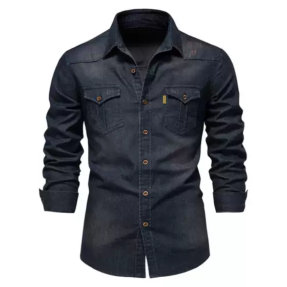 2024 Foreign Trade Cross-border Men's European-size Denim Shirt Men's Casual Solid Color Men's Dannin Long-sleeved Shirt