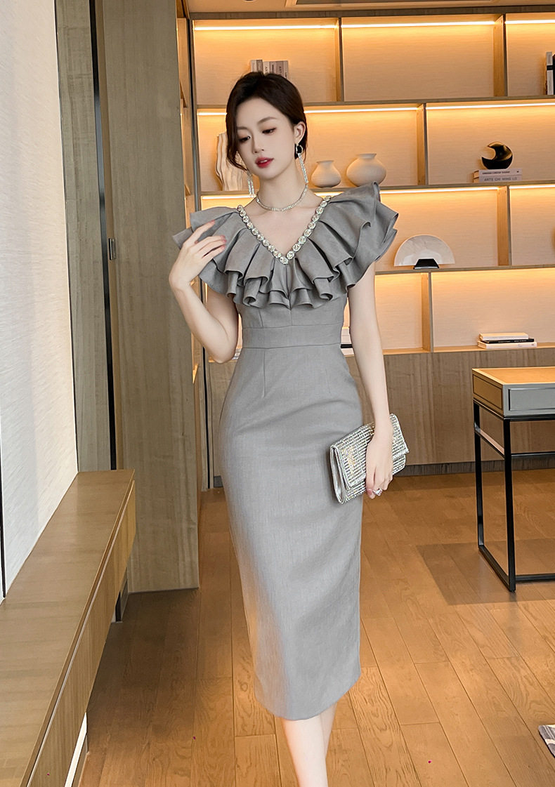Đầm ôm body nữ cổ V eo cao tay bèo — [Xám] chi tiết 10