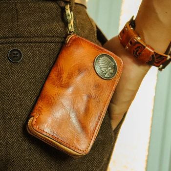 Original New Vegetable Tanned Leather Key Bag Men's Waist Zipper Multi-Functional Dual-Use Car Key Bag Pure Pickup Bag