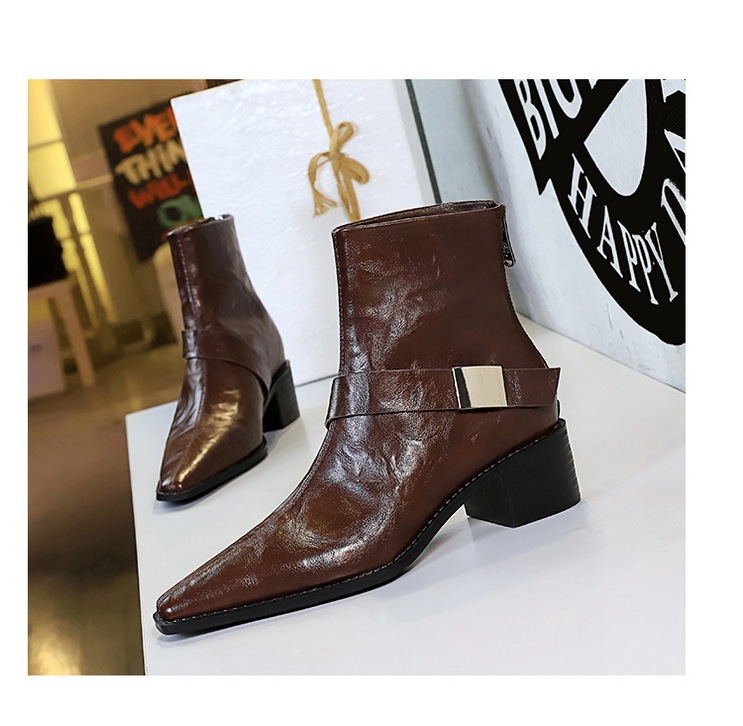 Boot nữ cổ thấp gót vừa mũi nhọn khóa kim loại phong cách Âu Mỹ — Lớp lót nhung đen, Lớp lót nhung màu nâu sẫm, Màu đen, Màu nâu đậm