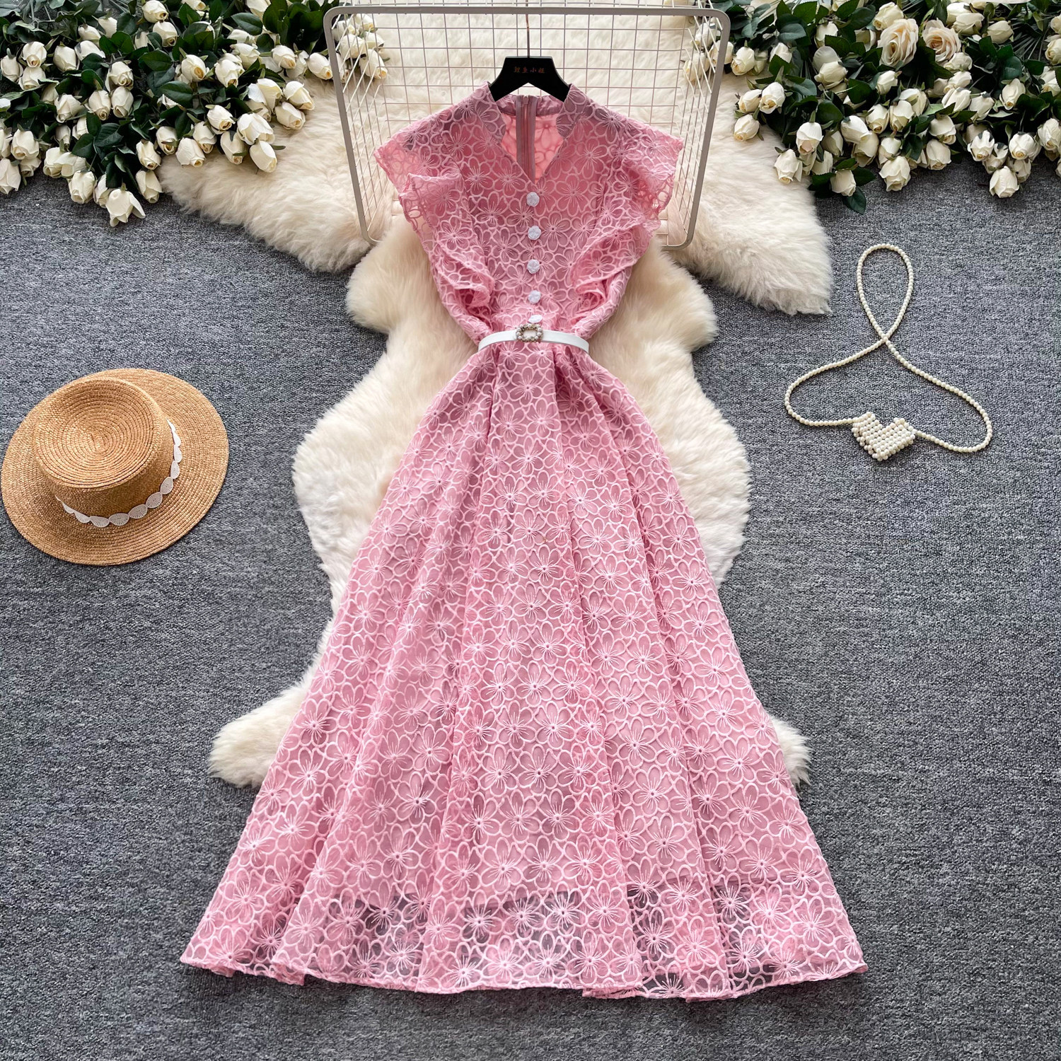 Sleeveless A Line Lace Dress High Waist Hollow Out Elegant Style Summer Casual Wear for Women Wholesale Available