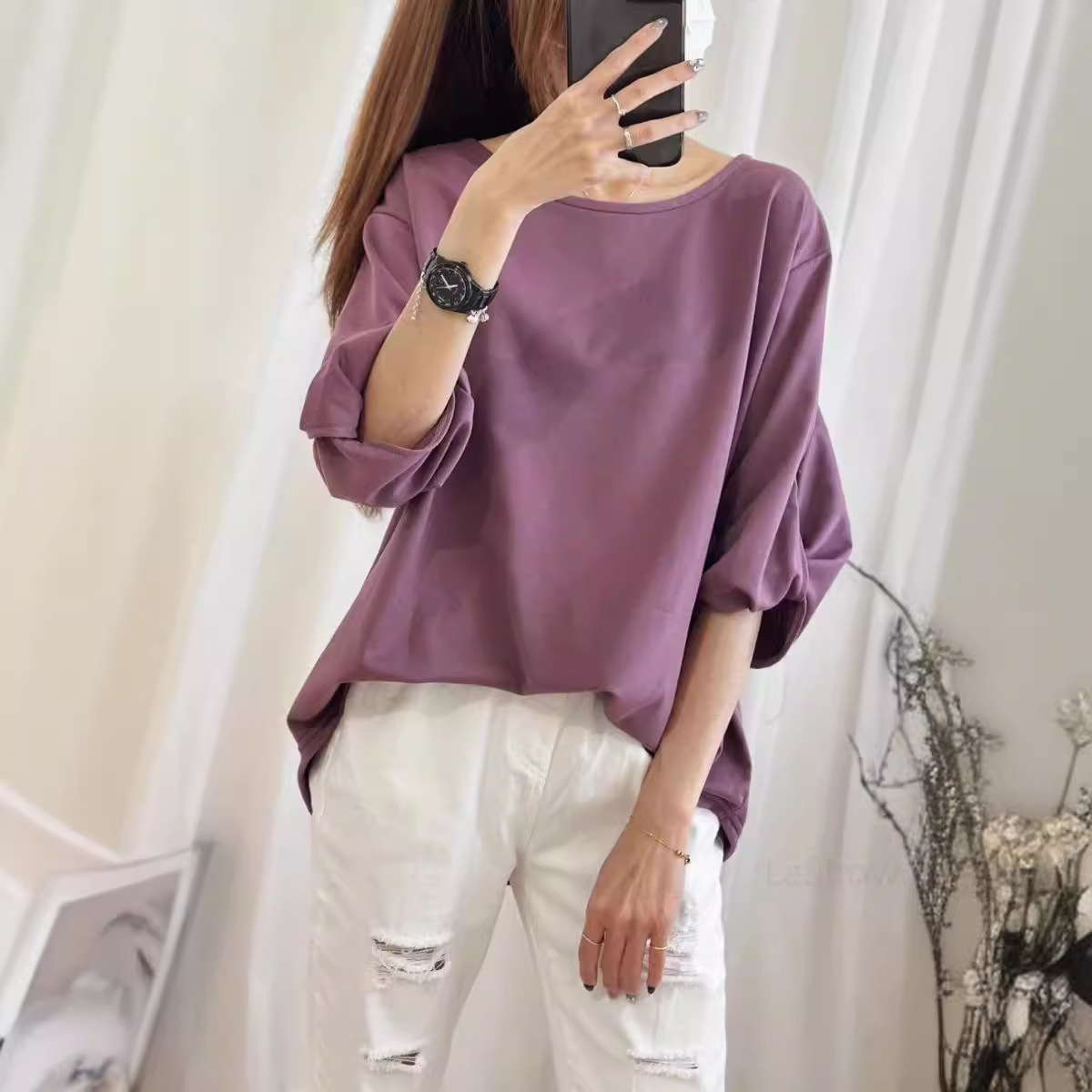跨境爆款七分袖T恤女年早秋季新款时尚宽松遮肉显瘦半袖上衣ins风