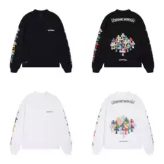 American Retro Colorful Cross Flower Print Long-Sleeved T-Shirt, Unisex Loose Heavyweight Top