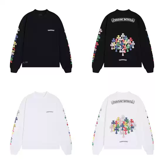 American Retro Colorful Cross Flower Print Long-Sleeved T-Shirt, Unisex Loose Heavyweight Top