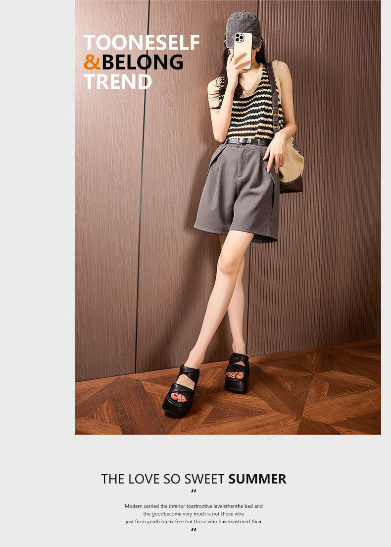 Sandal nữ đế dày platform mũi tròn quai chữ V — Len sạch, Đen chi tiết 11