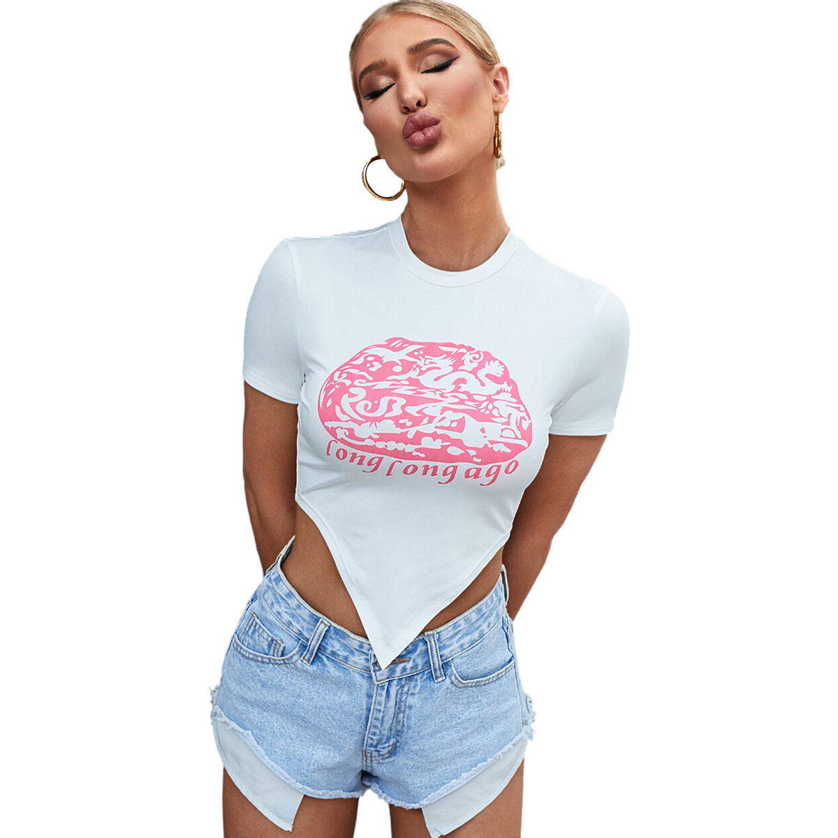 Fashionable Womens T Shirt Trendy Print Pointed Hem Casual Style Spring Summer Collection Wholesale Available