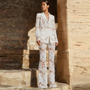 2025 European and American Fashion New Mesh Heavy Industry Embroidered Sequin Suit Jacket Pants Suit Two-Piece Set