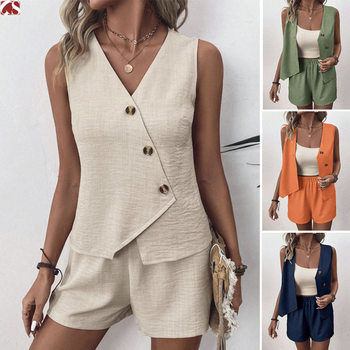 Foreign Trade 2025 Cross-border European and American Independent Station Summer suit Fashion Leisure V-Neck Irregular Vest Shorts suit
