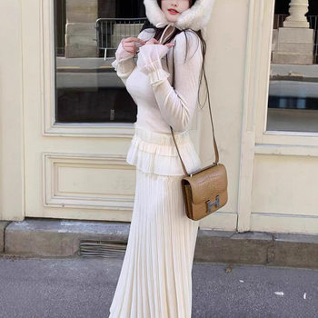 Winter Inner Wear Set, Ruffled Petal Sleeve Wool Top, Knitwear, Autumn and Winter Long Skirt, Autum Suit