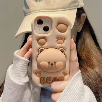 Three-dimensional bear stand cute iPhone15 Apple 14 mobile phone case 13 cartoon 12 silicone 11 new mate60