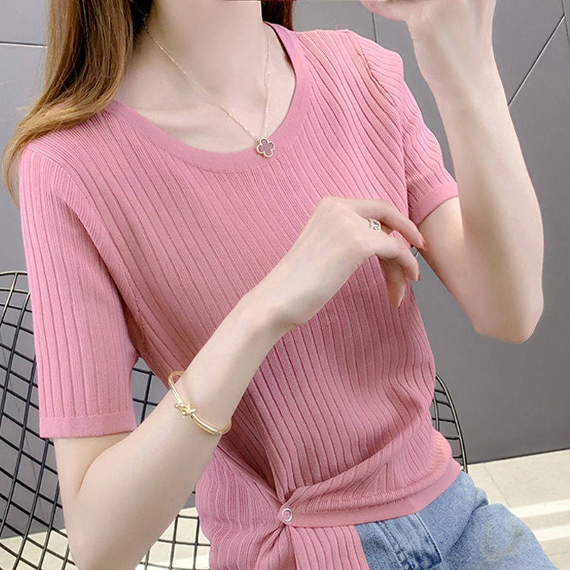 Womens Ice Silk Short Sleeve T Shirt Loose Fit Irregular Hem Summer Casual Wear