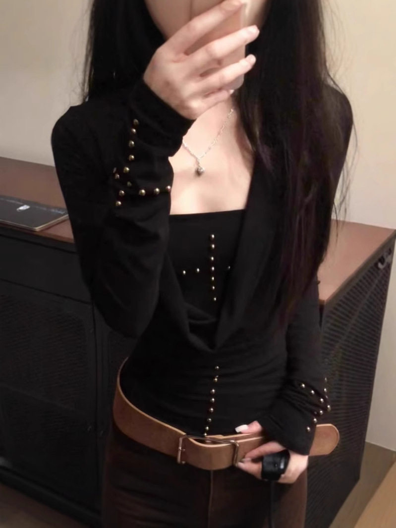 American-style Y2K Spice Girl Swing Collar Long-sleeved T-shirt Women's Spring and Autumn Black Slim-fit Rivet Top Stacked Tube Top Two-piece Suit