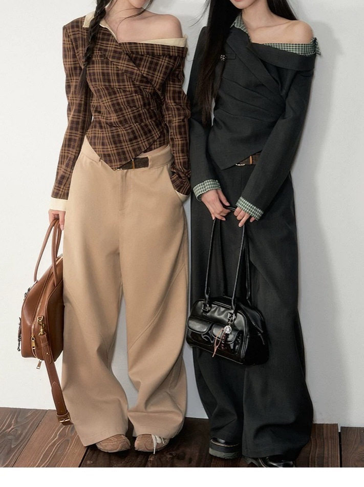 Soote Season Original Korean Fake Two-Piece Waist-Cinching Slanted Shoulder Suit Top High-End Two-Piece Suit Pants