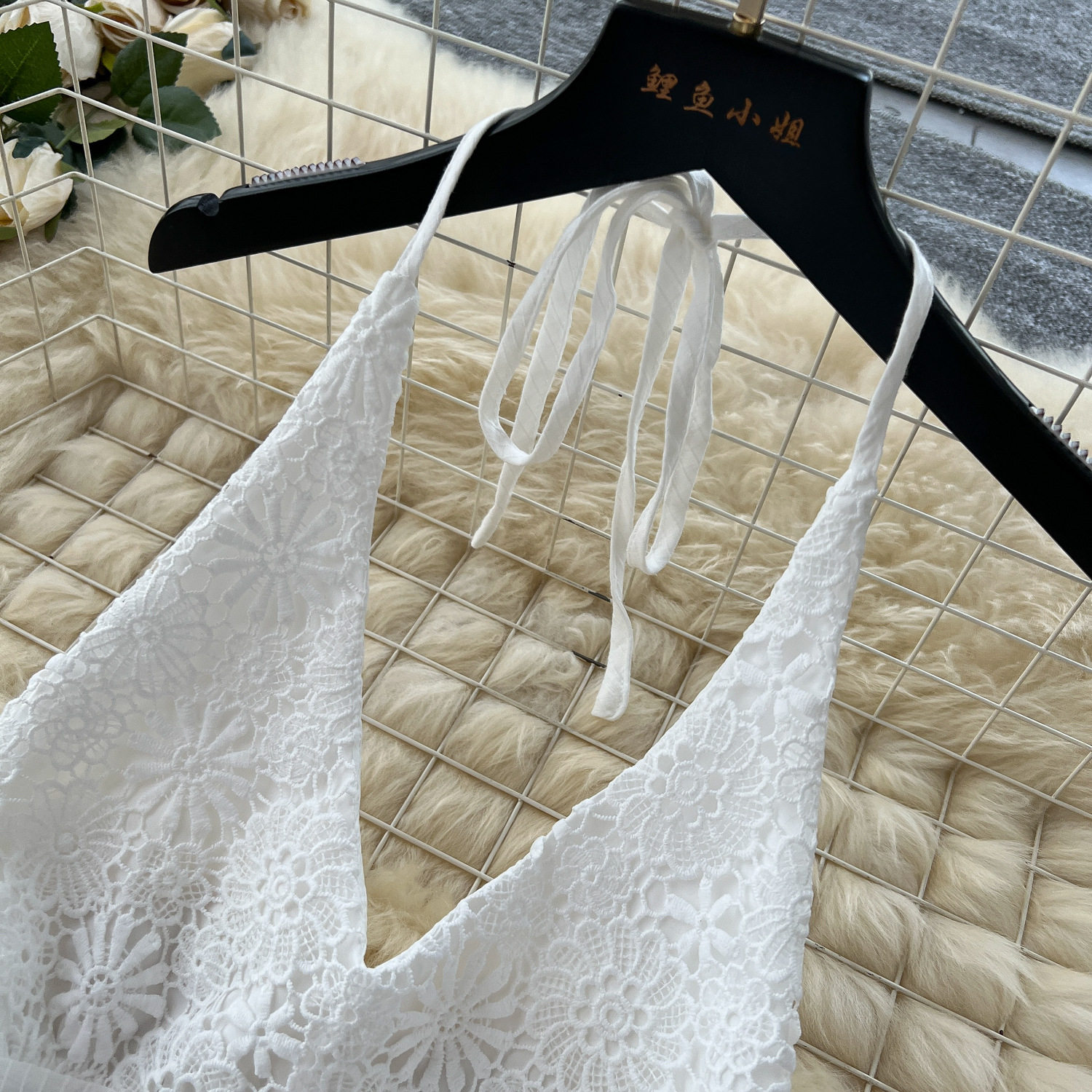 White Summer Vacation Set for Women Lace Trim Halter Neck Top and Chiffon Skirt Casual Beachwear