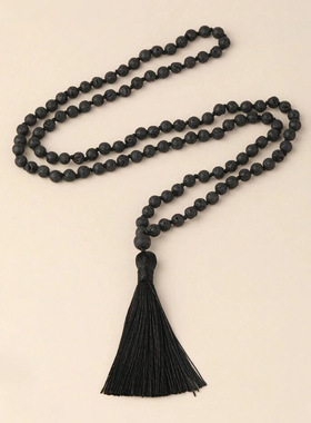 火山石长款项链108天然石串珠打结项链印度玛瑙女士复古流苏项链