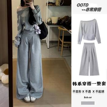 Women's 2025 Autumn Lazy Style Short Waist Top Asymmetrical Shoulder Sweatshirt High Waist Slimming Wide Leg Pants Two-Piece Set