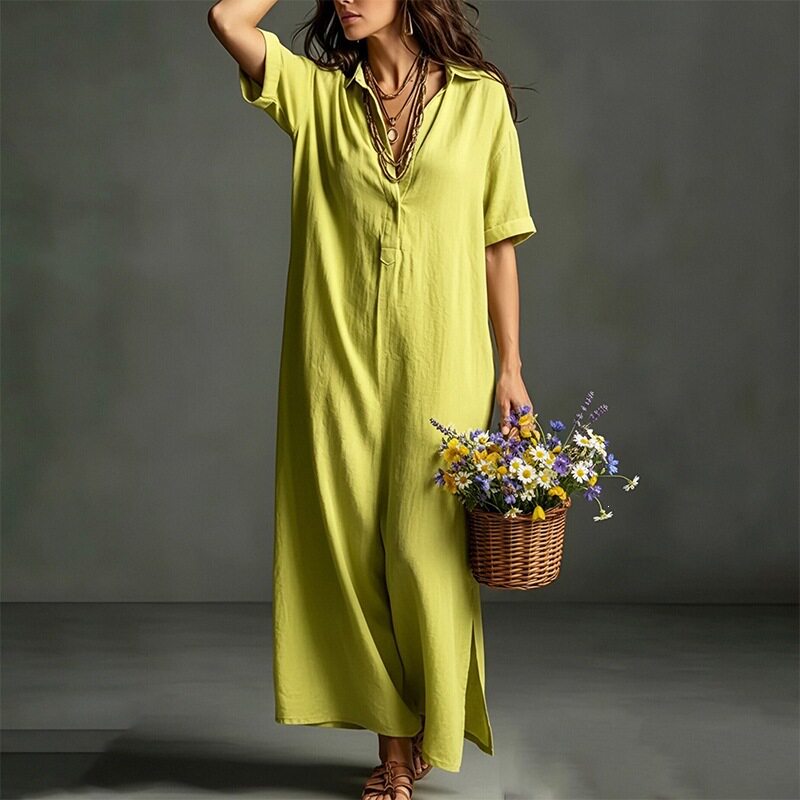 Womens Short Sleeve Polo Neck Long Dress Solid Color Casual Style Beach Vacation Wholesale Available