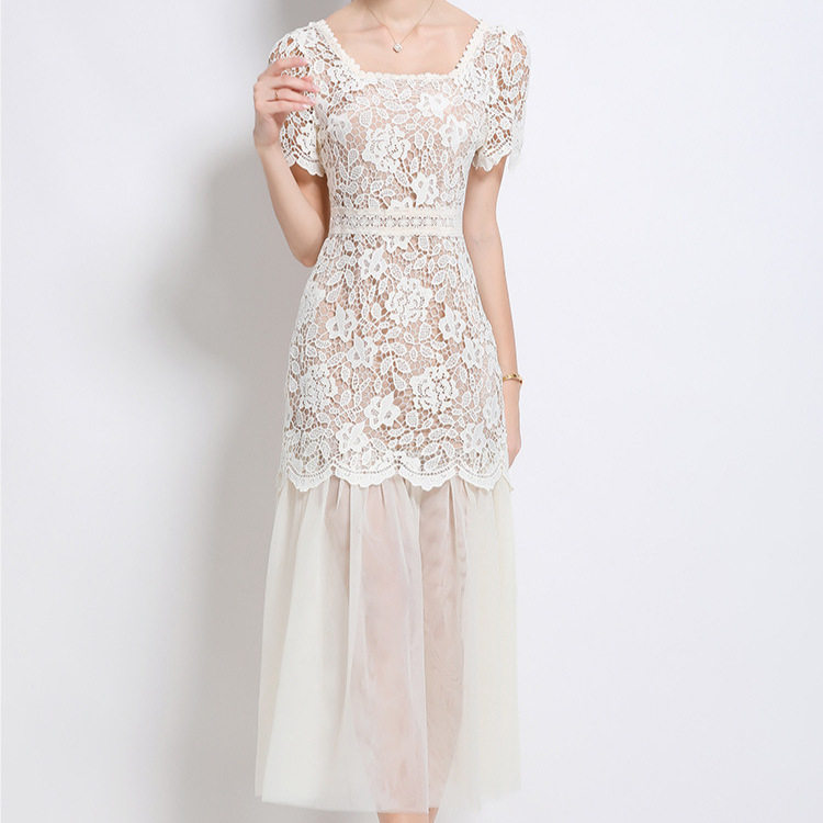 Elegant Summer Lace Square Neck Dress for Women High Quality Fabric Flowy Design Mesh Panel Perfect for Formal