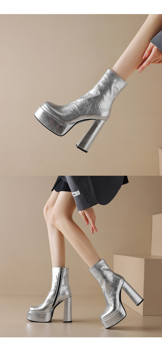 Boot nữ cổ ngắn gót thô 13,5cm mũi tròn có khóa kéo bên hông — Lớp lót đơn màu bạc, Lớp lót đơn màu đen, Lót đơn màu trắng, Lót nhung đen