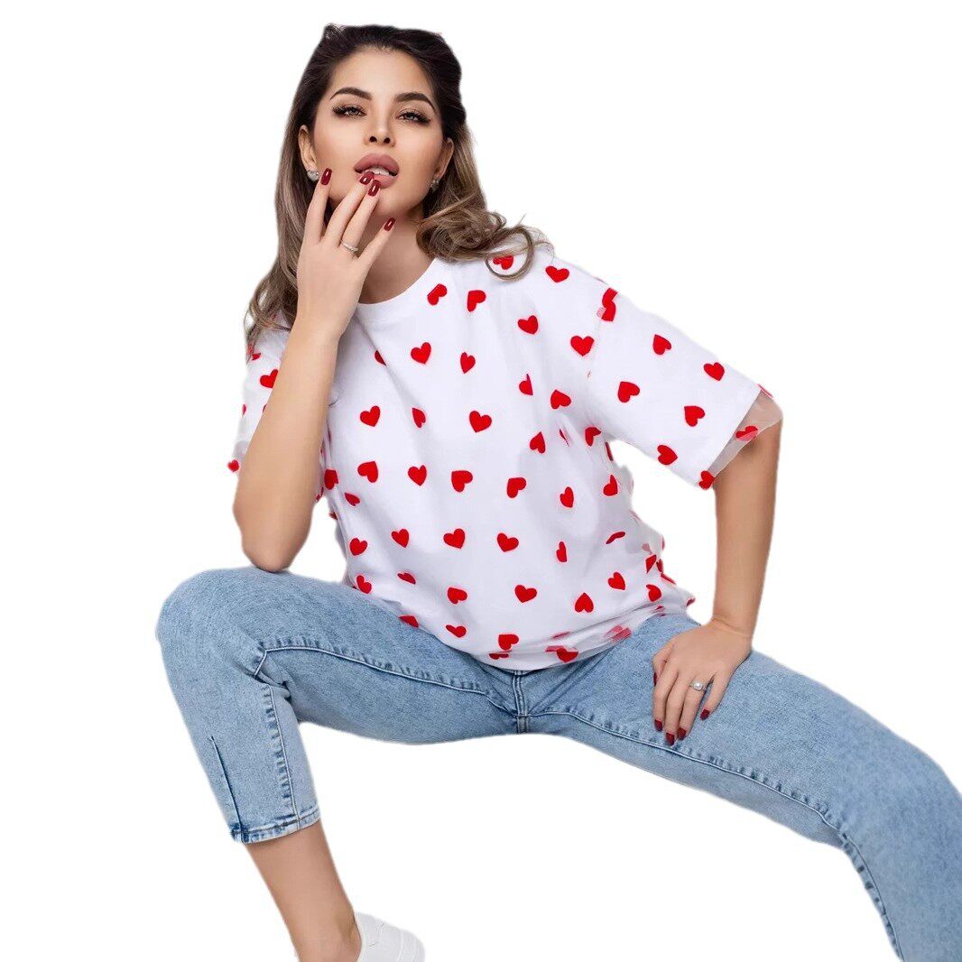 Loose Fit Heart Mesh Patchwork T Shirt Sexy Design Short Sleeve Round Neck Casual Wear for Women Wholesale Available