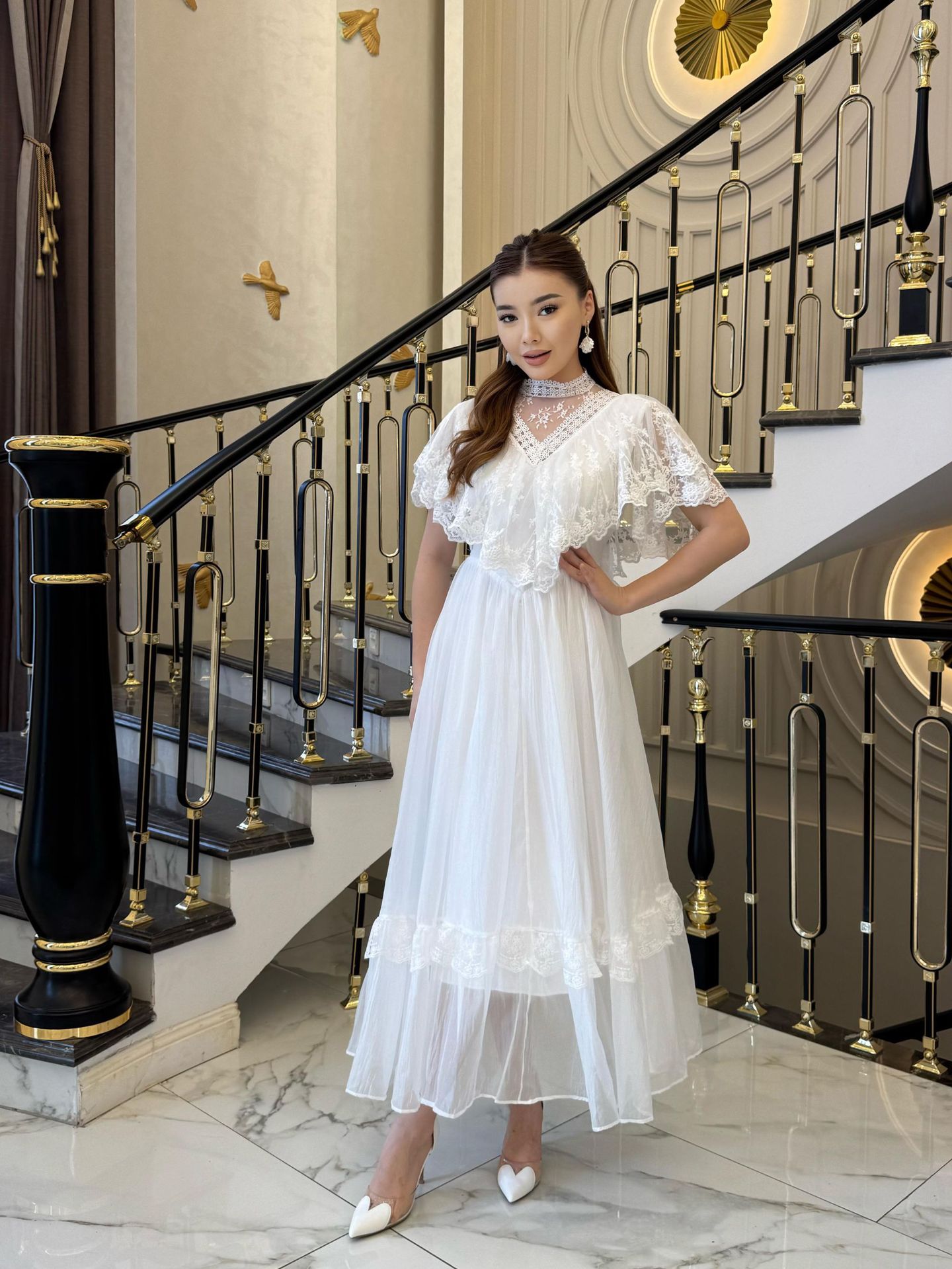 Elegant Vintage White Lace Panel Maxi Dress Lightweight Flowing Summer Style Perfect for Parties and Special Occasions