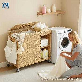 Household Handmade Rattan Laundry Basket Imitation Wicker Plastic Rattan Wheeled Dirty Clothes Basket Removable Large Capacity Dirty Clothes Basket
