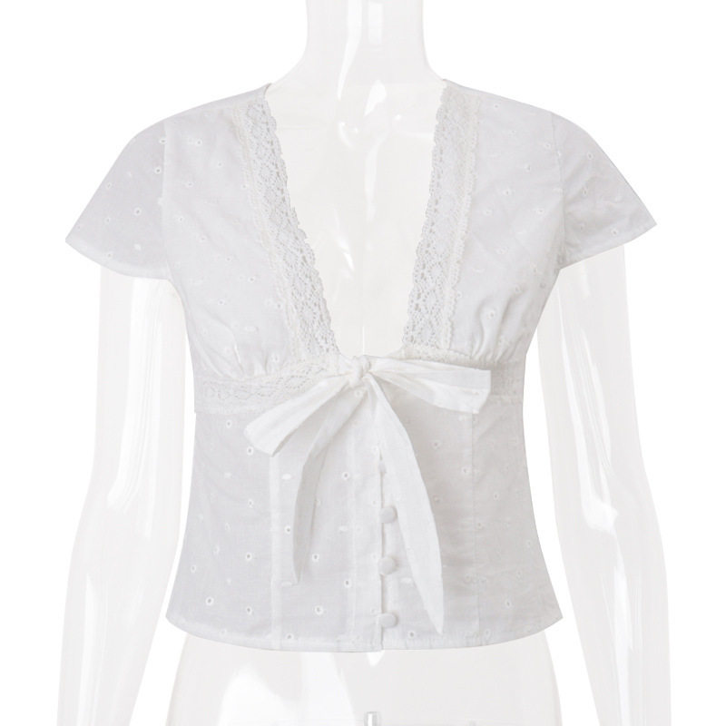Womens Summer T Shirt Sexy V Neck Bow Tie Detail Short Sleeve French Style Casual Wear Wholesale Available