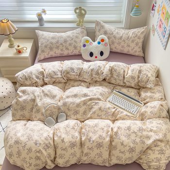 Class A small fresh cotton sanding four-piece set double quilt cover sheet thickened cotton student dormitory three-piece set