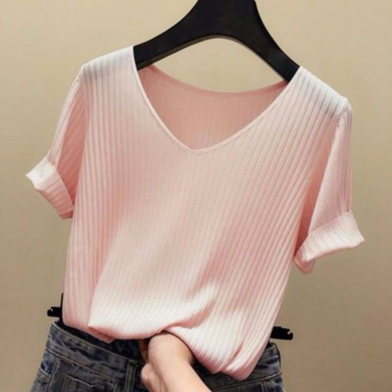 Womens Ice Silk Short Sleeve T Shirt Slim Fit V Neck Knitted Fabric Summer Casual Wear Wholesale Available