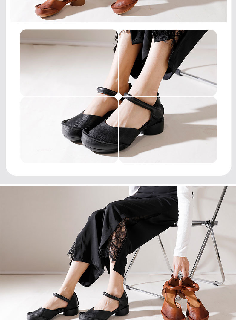 Giày sandal nữ quai ngang gót thô bọc mũi bằng da bò thật, đế mềm thủ công — Màu đen, Màu nâu