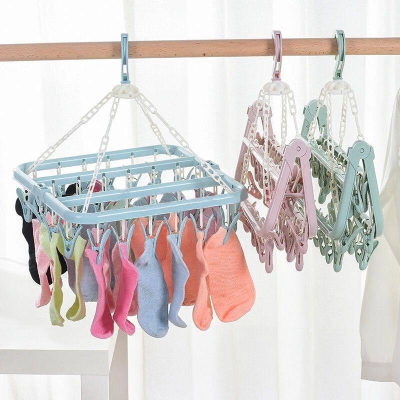 32-Clip Multi-Functional Drying Rack with Multiple Heads, Plastic Clips for Underwear, Socks, and Clothes Drying Rack