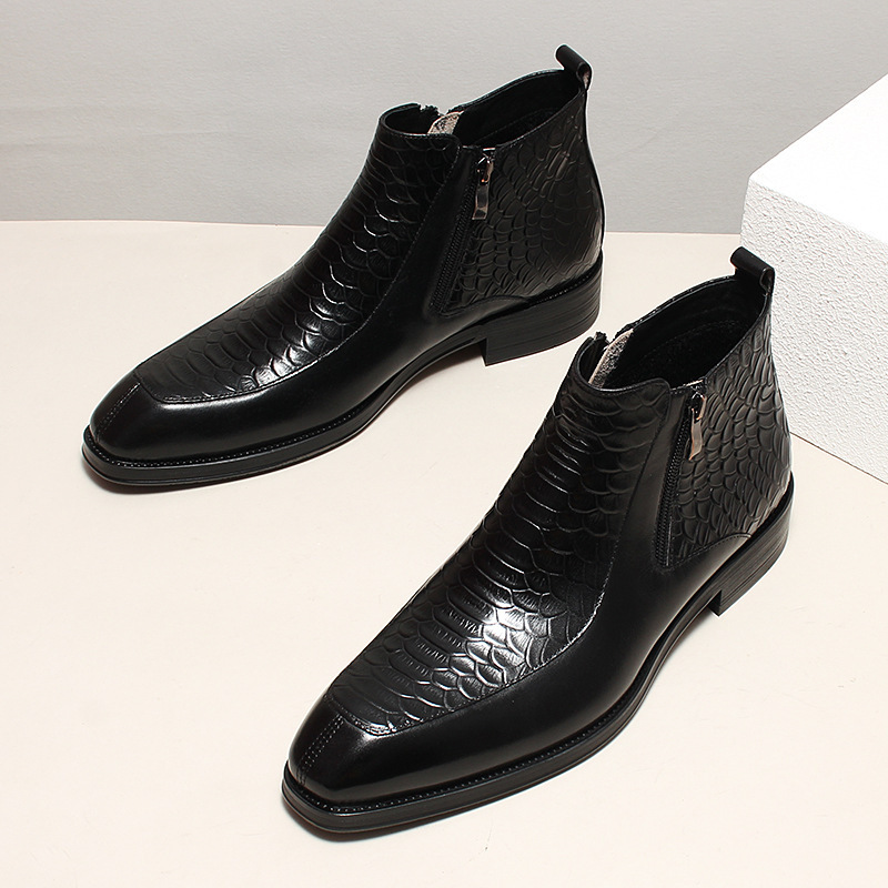 Boot cổ trung da bò dập vân cá sấu khóa kéo đôi phong cách cổ điển — Lớp lót nhung đen, Màu đen lót da, Đỏ rượu bên trong da