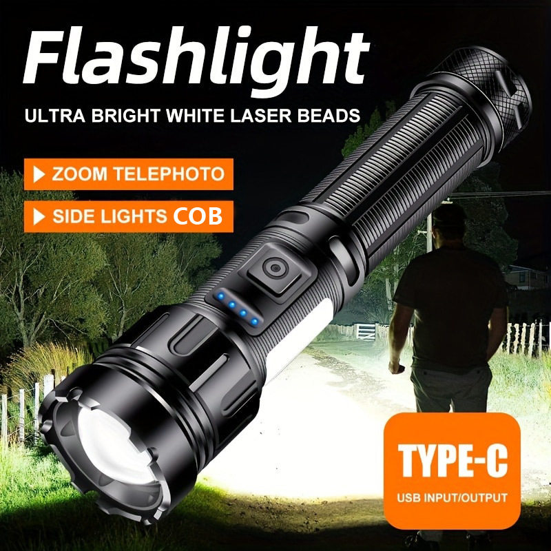 Cross-border strong light telescopic zoom flashlight Type-c charging multifunctional outdoor lighting COB side light with magnetic attraction