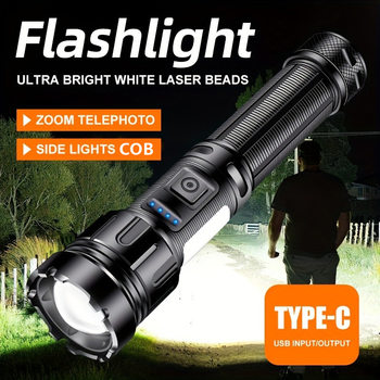 Cross-border strong light telescopic zoom flashlight Type-c charging multifunctional outdoor lighting COB side light with magnetic attraction