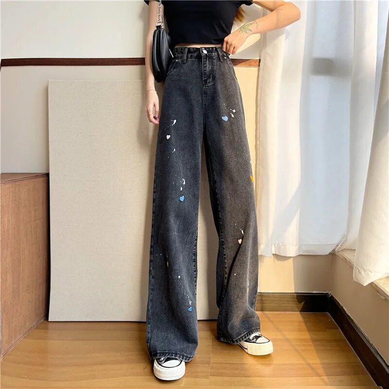 High Waisted Loose Fit Denim Pants Vintage Ink Splash Heart Design Casual Spring Fall Wear Wholesale Available