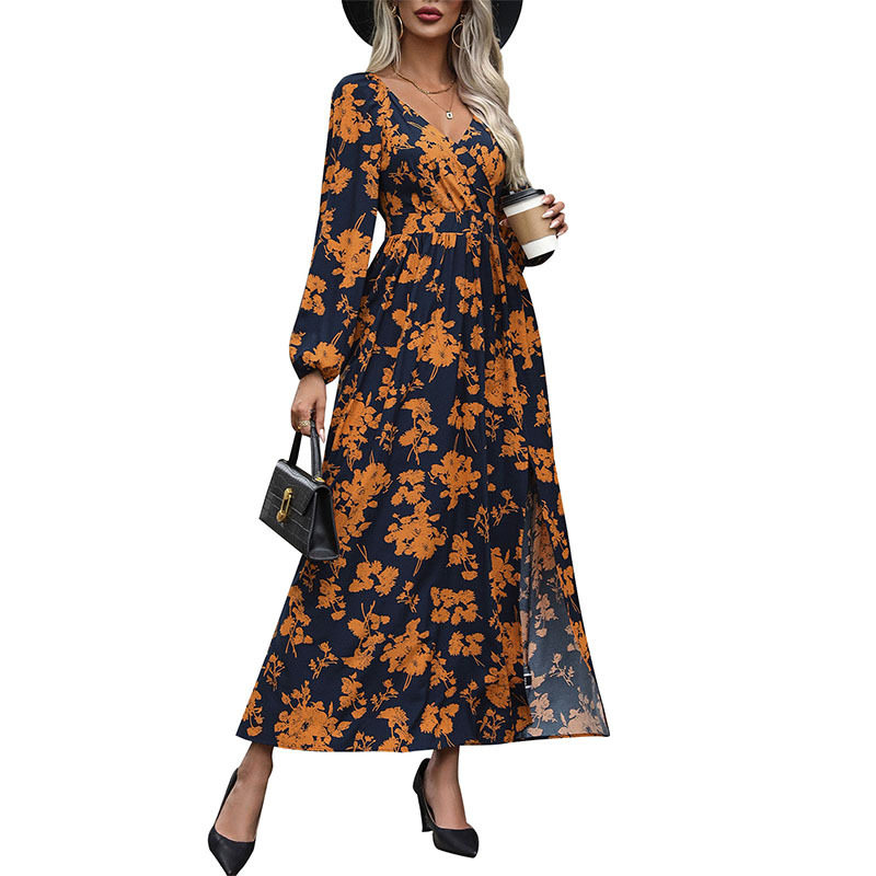 Elegant Vintage Floral Print V Neck Split Maxi Dress New Arrival Perfect for Vacation and Special Occasions Wholesale