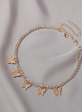 欧美时尚热卖个性几何层立体水钻嘻哈项饰镶钻小蝴蝶流苏项链女