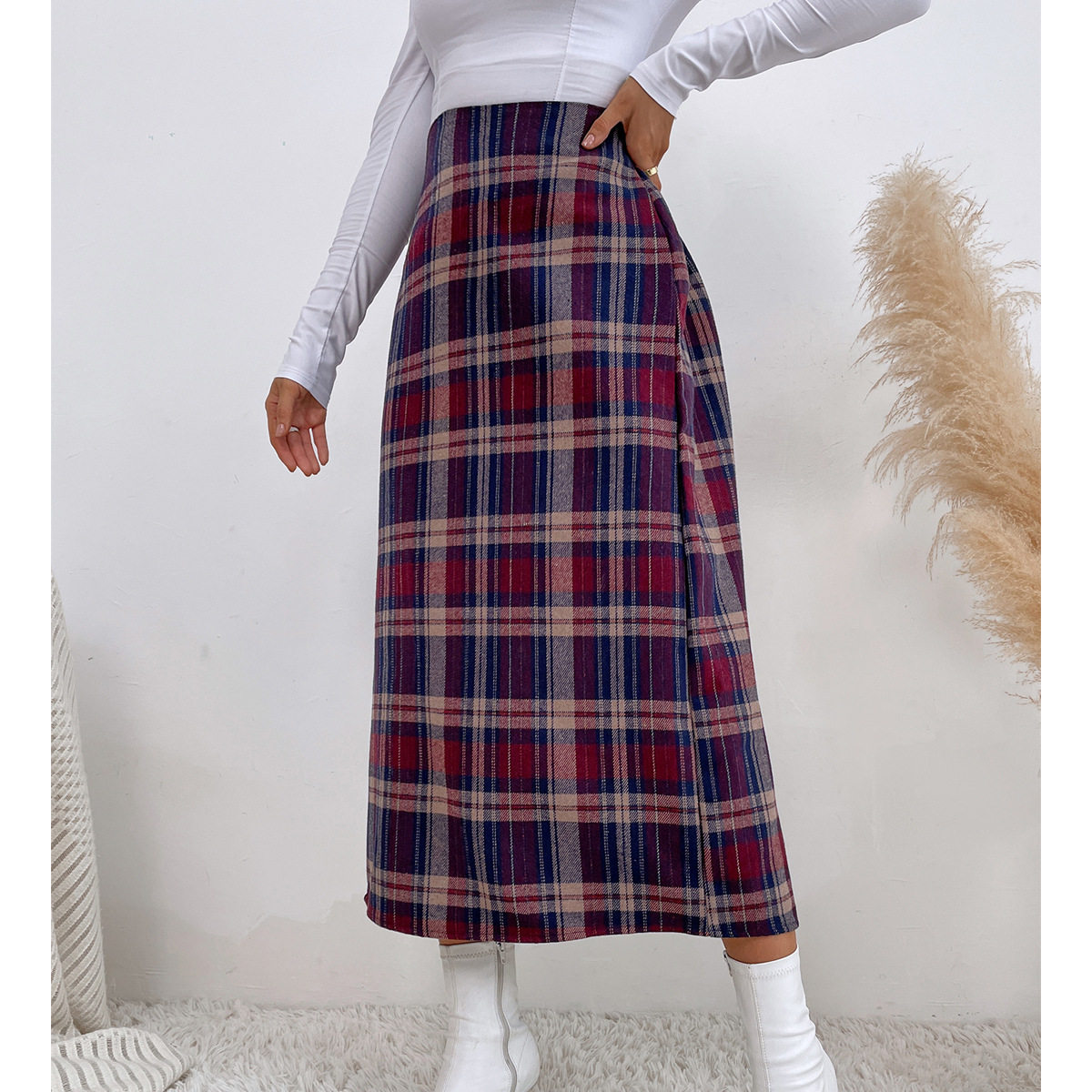 Plaid A Line Skirt Slim Fit Wool Blend Stylish Design Spring Fall Fashion for Women Wholesale Available
