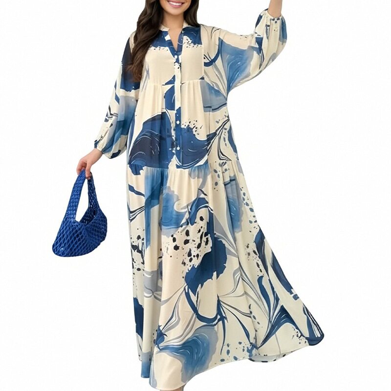 Womens Spring Dress Elegant Color Block Print Single Breasted Design Perfect for Casual or Formal Occasions