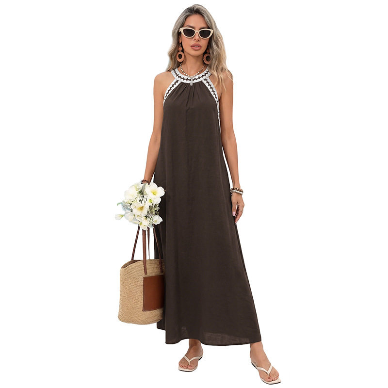 Bohemian Maxi Dress Loose Fit Lace Trim Halter Neck Summer Vacation Style Wholesale Available