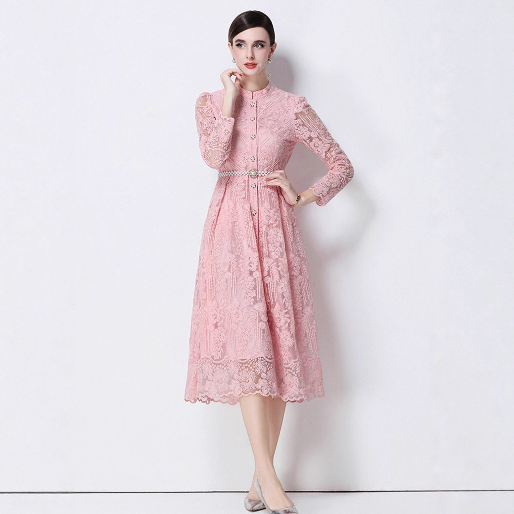 Elegant French High End Womens Dress Heavy Embroidery Single Breasted Waist Tie Long Tulle Skirt Autumn Collection